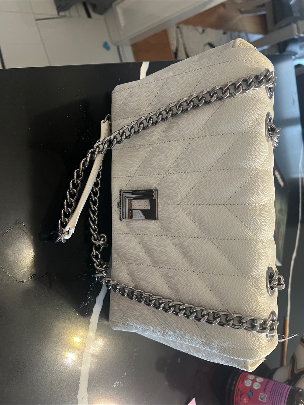 Karl Lagerfeld White Quilted Shoulder Bag with Silver Chain